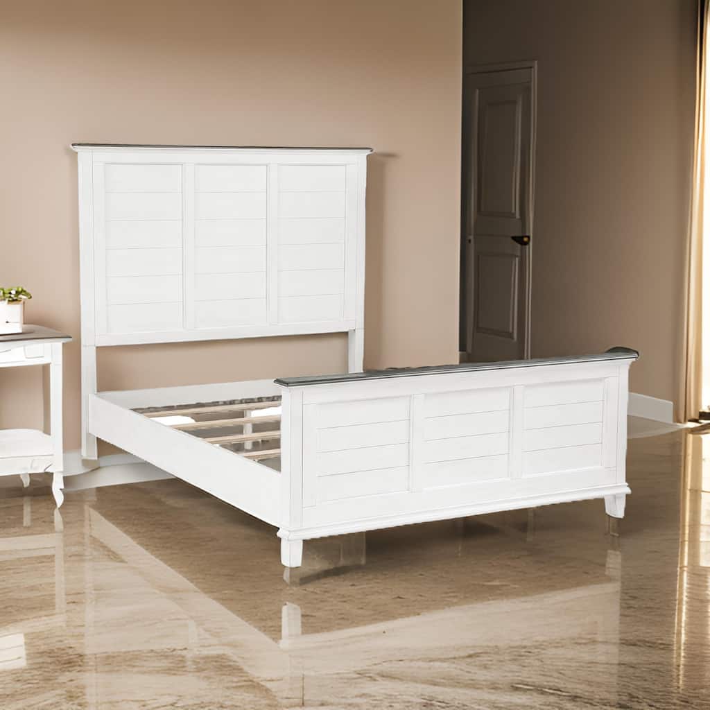 Woki Queen Size Bed, Solid Wood Panel Design, Farmhouse White and Brown