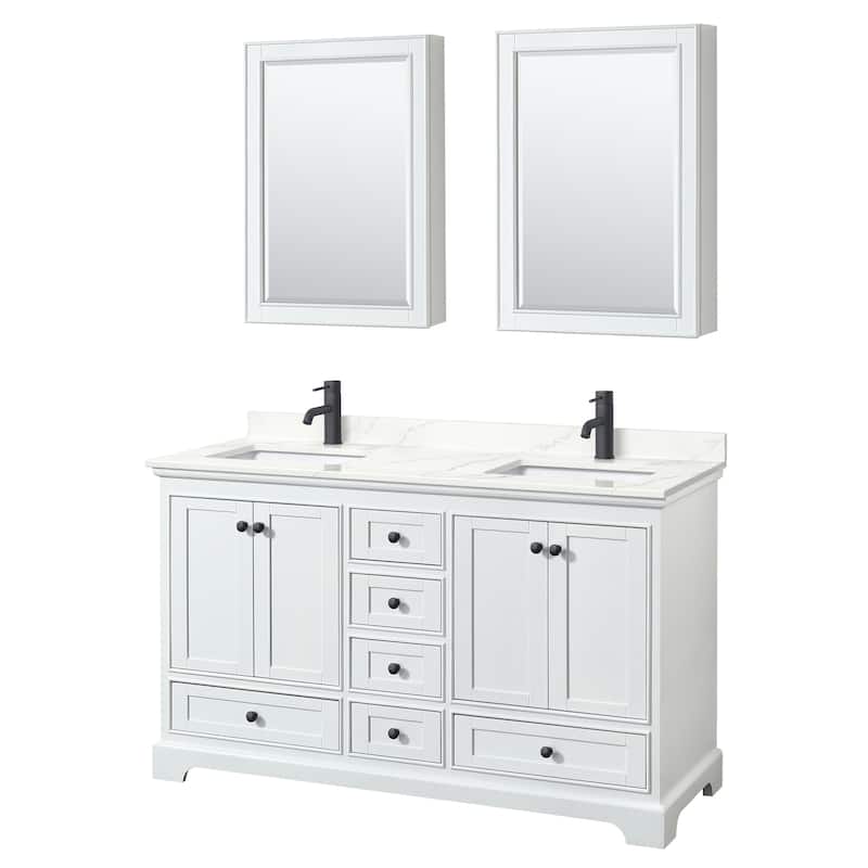 Deborah 60-inch Double Vanity, Quartz Top, Medicine Cabinets - White, Black Trim, Giotto Quartz Top