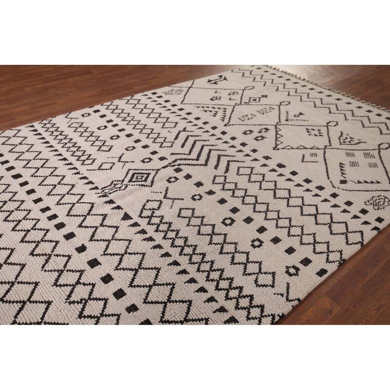 Ivory Trellis Moroccan Area Rug Hand-Knotted Wool Carpet - 7'0"x 10'4"