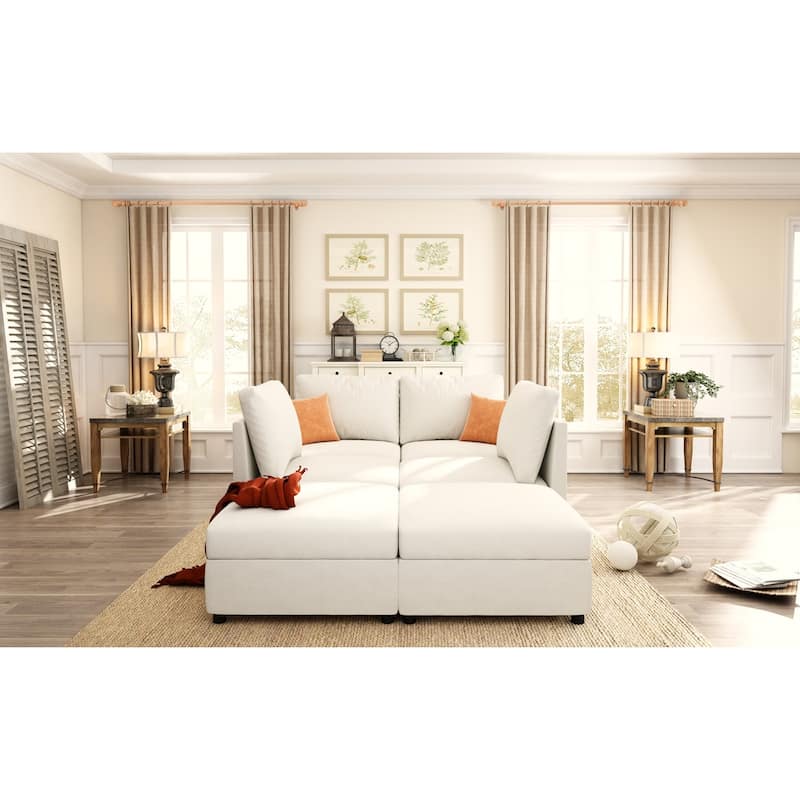White 123'' U-Shape Modular Sofa for 4 with Movable Ottomans and Sofa Bed Feature