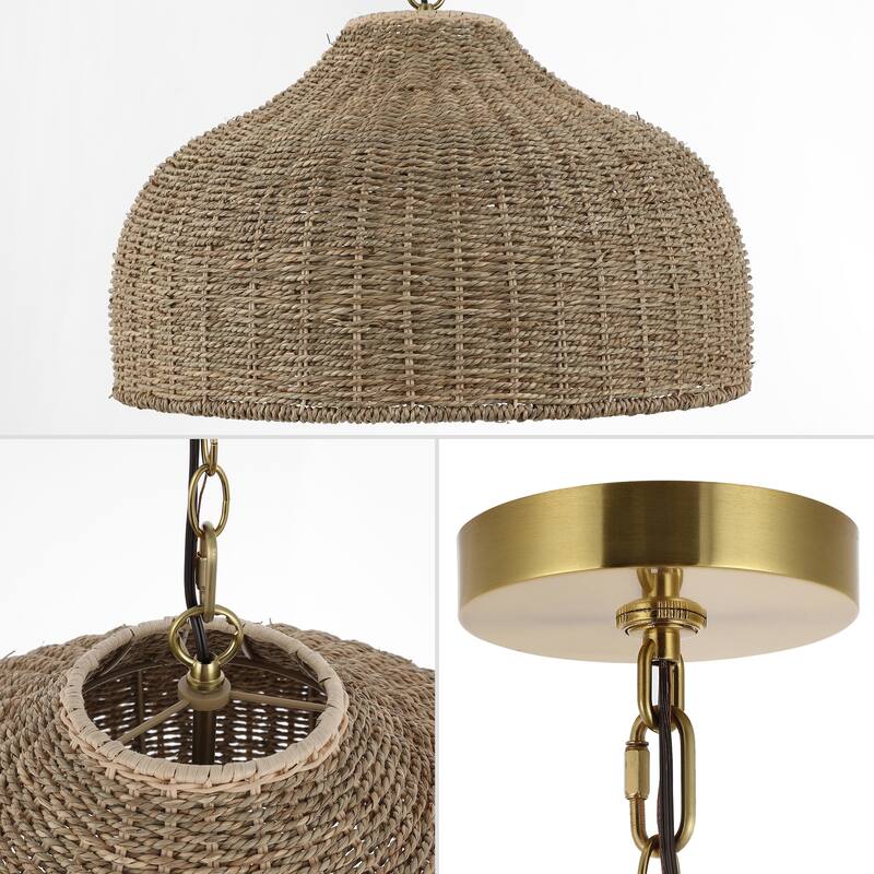 Lacey 20" 1-Light Coastal Bohemian Rattan/Iron Dome LED Pendant, Brown/Brass Gold by JONATHAN Y