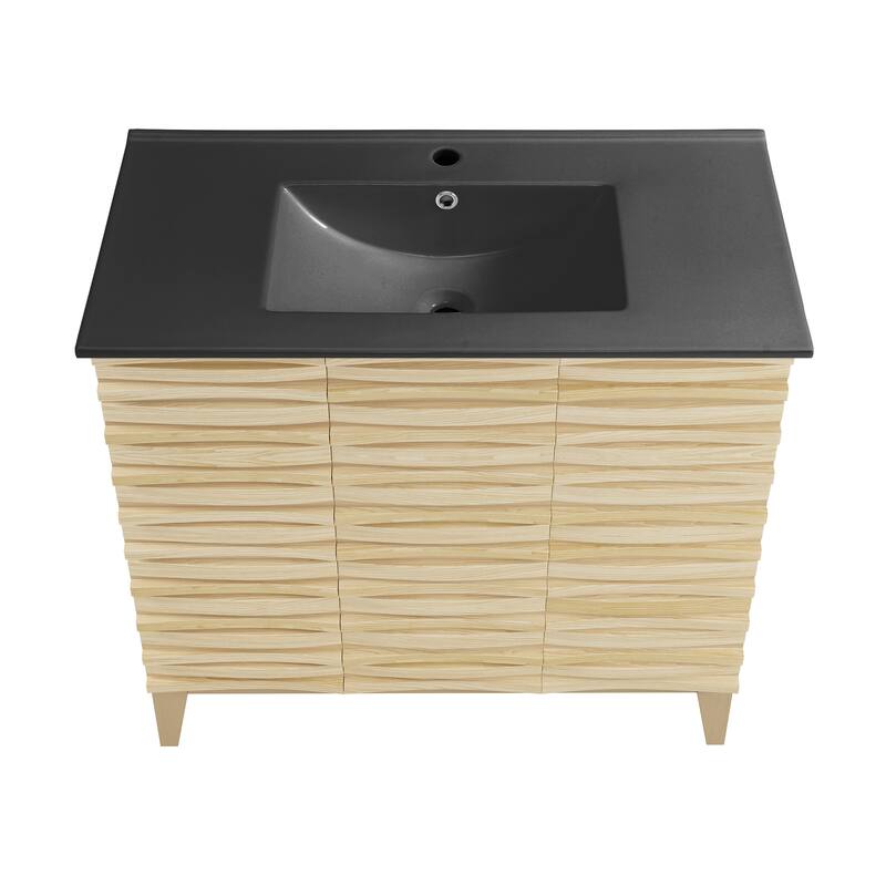 Cascade 36 In. Natural Oak Bathroom Vanity With Black Ceramic Sink Top
