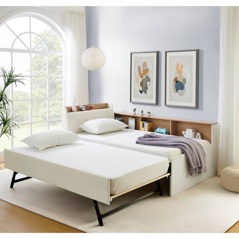 Roomfitters Twin Velvet Height Adjustable Day Bed with Storage Headboard, Wireless Charging and Trundle