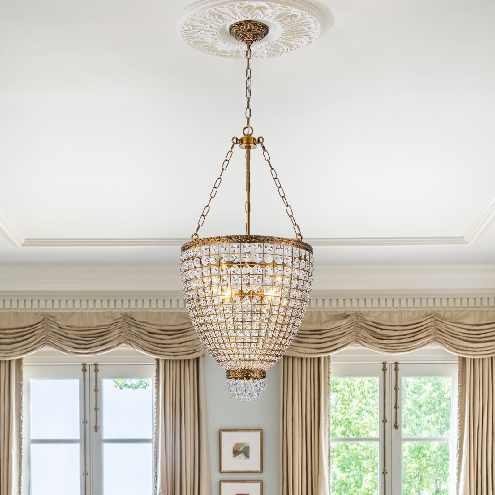 Vintage 4-Light Antique Gold Basket Crystal Chandelier for Dining Room, Living Room, and Foyer - Antique Gold