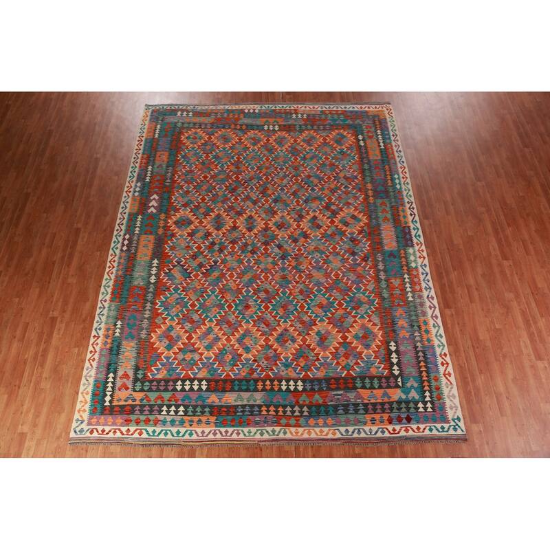 Reversible Kilim Area Rug Oriental Hand-Woven Wool Carpet - 9'11"x 13'0"