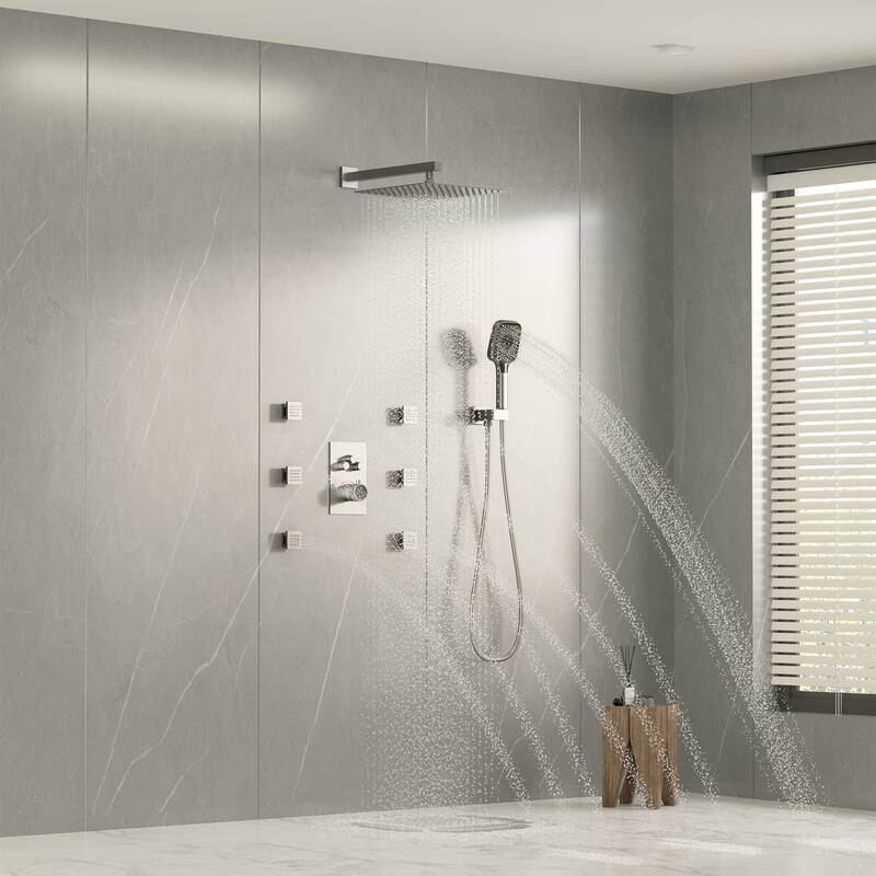Wall Mount 12 Inch Rainfall Shower Head 3 Function Thermostatic Shower System with 6 Body Jets