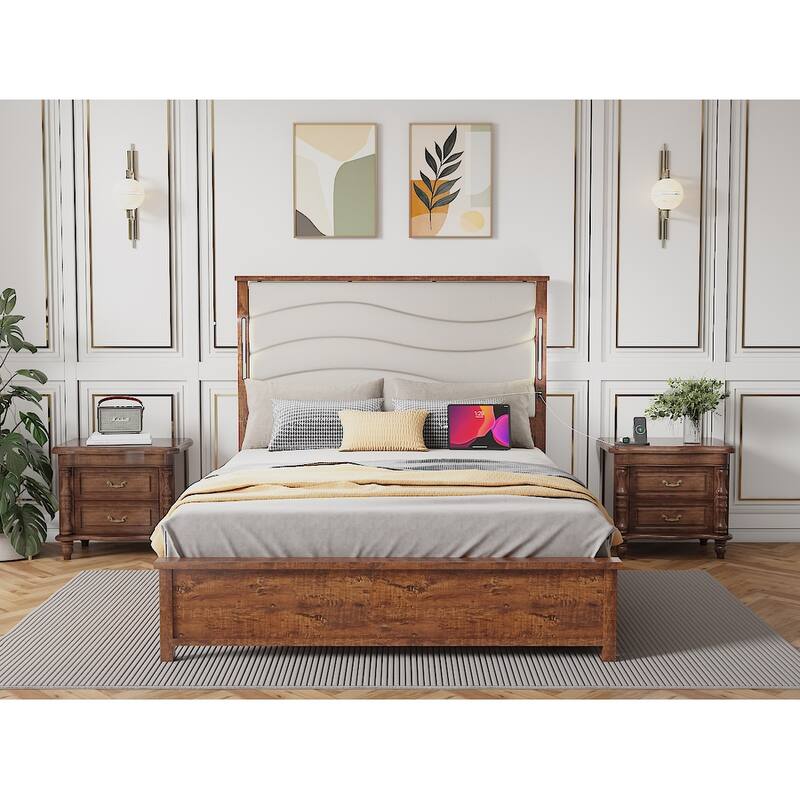 Queen Size bed Frame with Upholstered Headboard, Queen bed Frame with Charging Station and LED Lights, Wood Slats