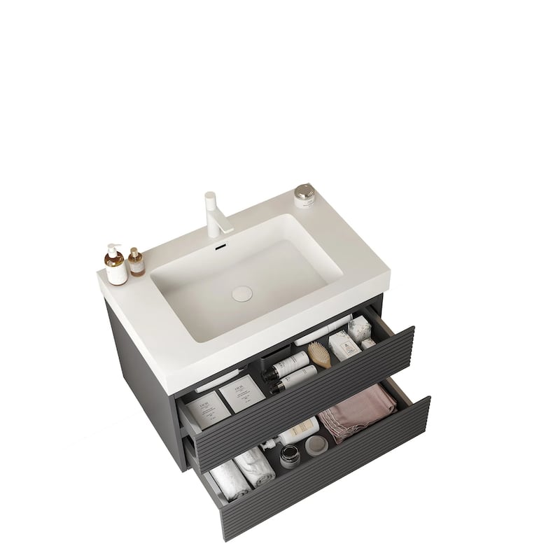 GDFStudio - Veno 30" Floating Bathroom Vanity with Striped 2 Drawer & White Integrated Rectangular Basin, WITHOUT Faucet