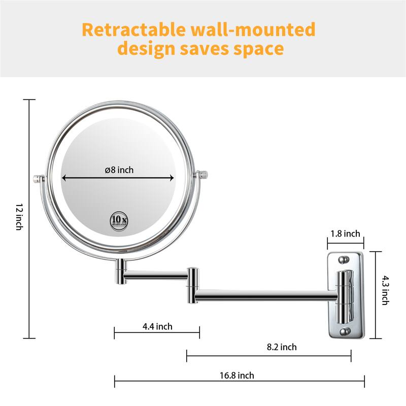 Wall Mounted Makeup Mirror Lighted 10X Magnifying 8" 3 Color Mode