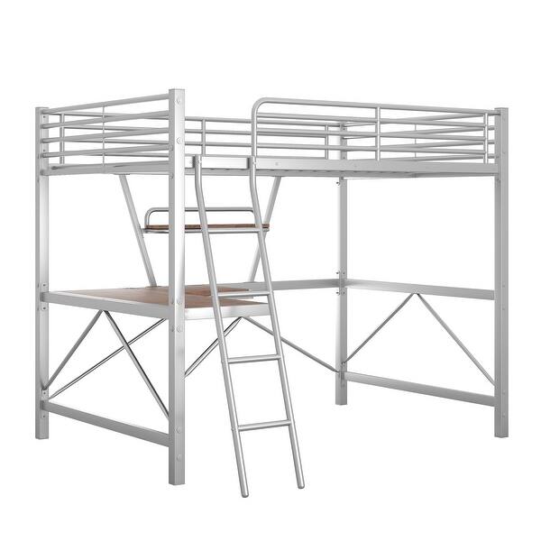 slide 2 of 10, Full Size Metal Loft Bed with Desk and Shelf,Modern Style with Built-In Ladder Silver