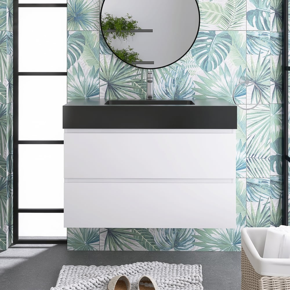 Floating Bathroom Vanity with Black Solid Surface Top