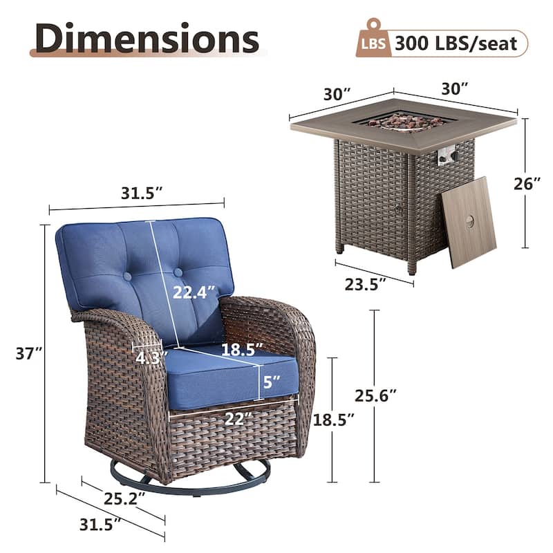 TWrap 5-Piece Wicker Patio Fire Pit Conversation Set with Swivel Gliders and 5-Inch Cushions