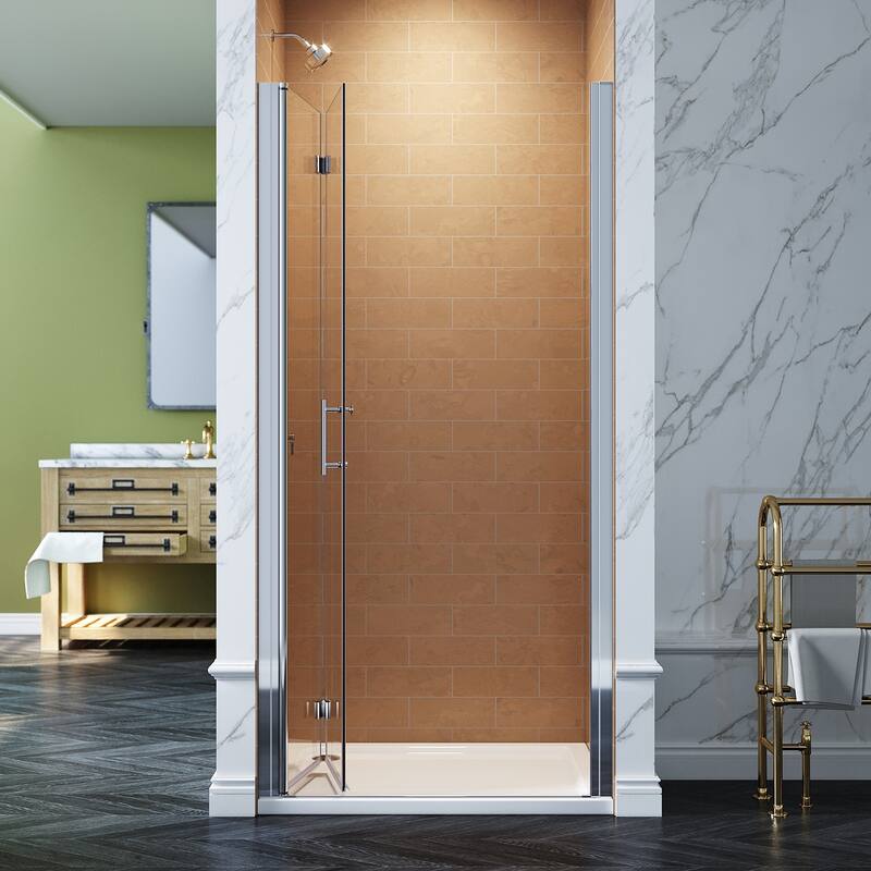 Elegant Bi-Fold Frameless Pivot Swing Shower Door Enclosure with Clear Glass Panel and Hardware Kit
