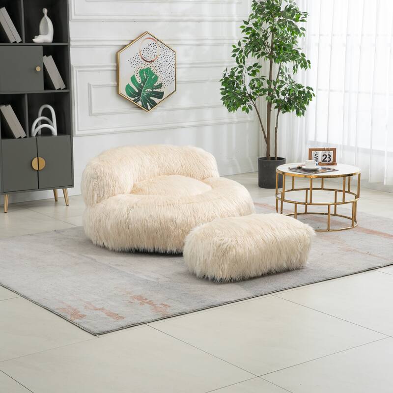 Fluffy Bean Bag Chair with Ottoman, Comfy Bean Bag Lounger for Adults and Kids, Ultra Soft Lazy Sofa Chair with Memory Foam