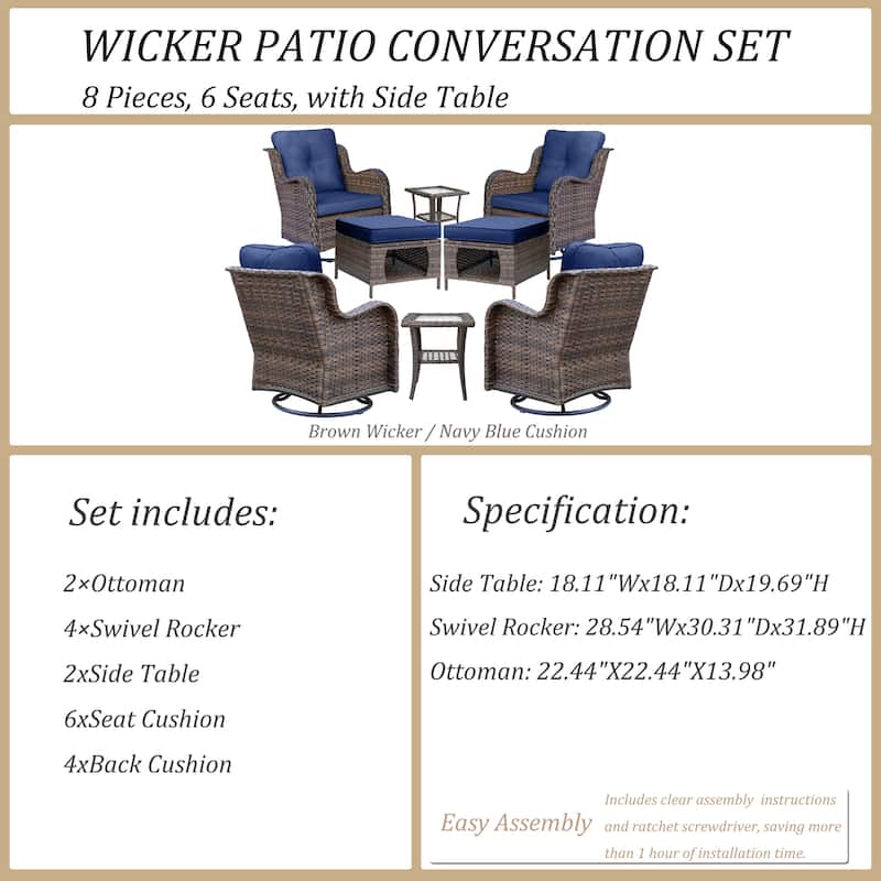 8 Piece Outdoor Patio Swivel Glider Chairs Ottoman Set with Side Table