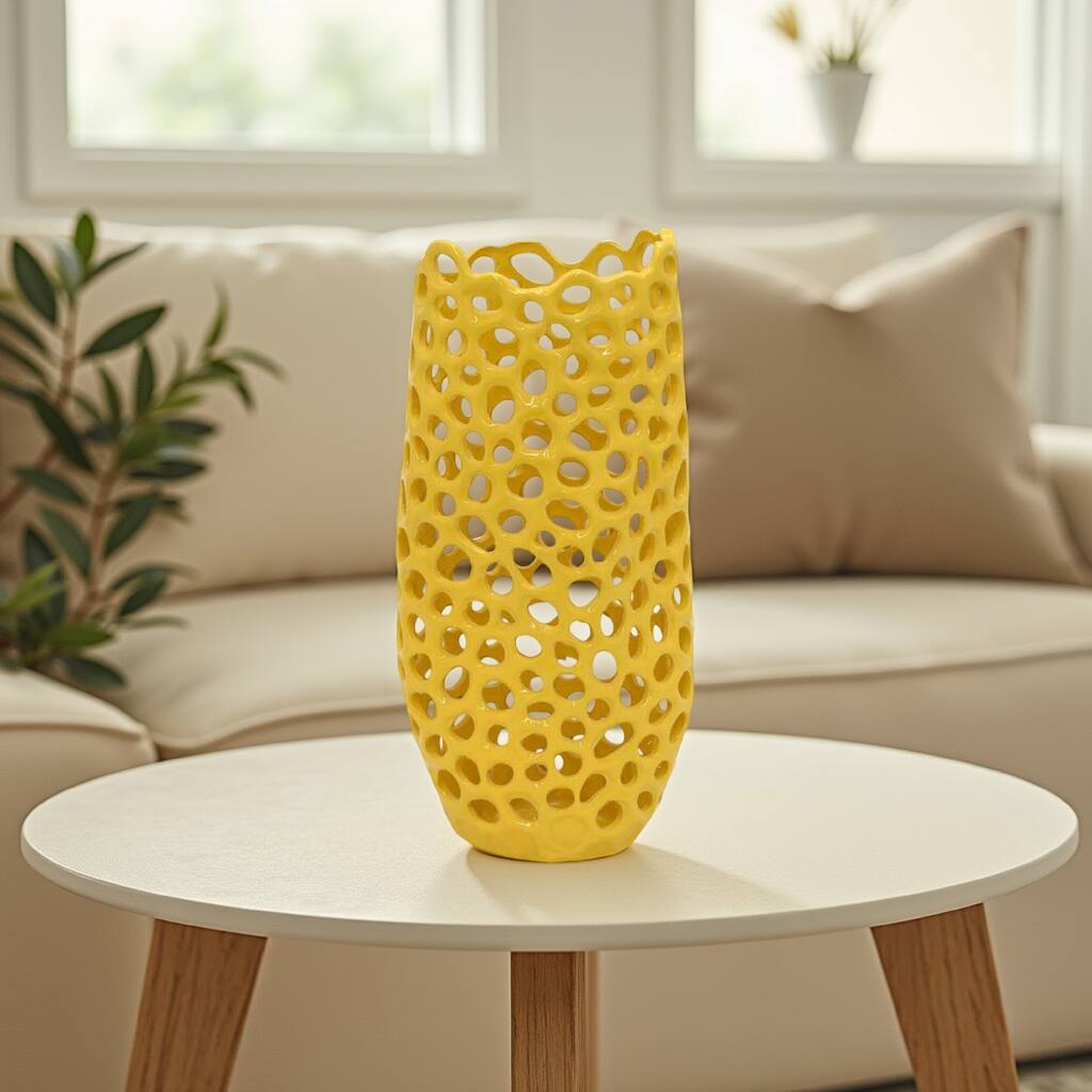 Kifa Flower Vase, Modern Cutout Textured Look, 15 Inch Yellow Ceramic