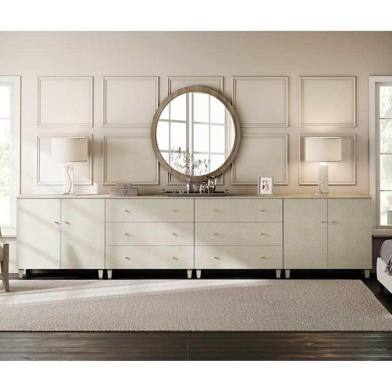 Wood Dresser with 6 Drawers and 2 Cabinets for Bedroom, 142" Wide - Beige