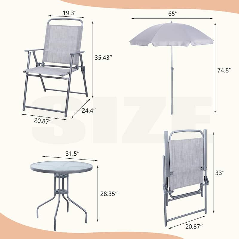 Futzca Folding Patio Dining Set, Garden Patio Furniture Set with Umbrella, Glass Table and 4 Folding Chairs