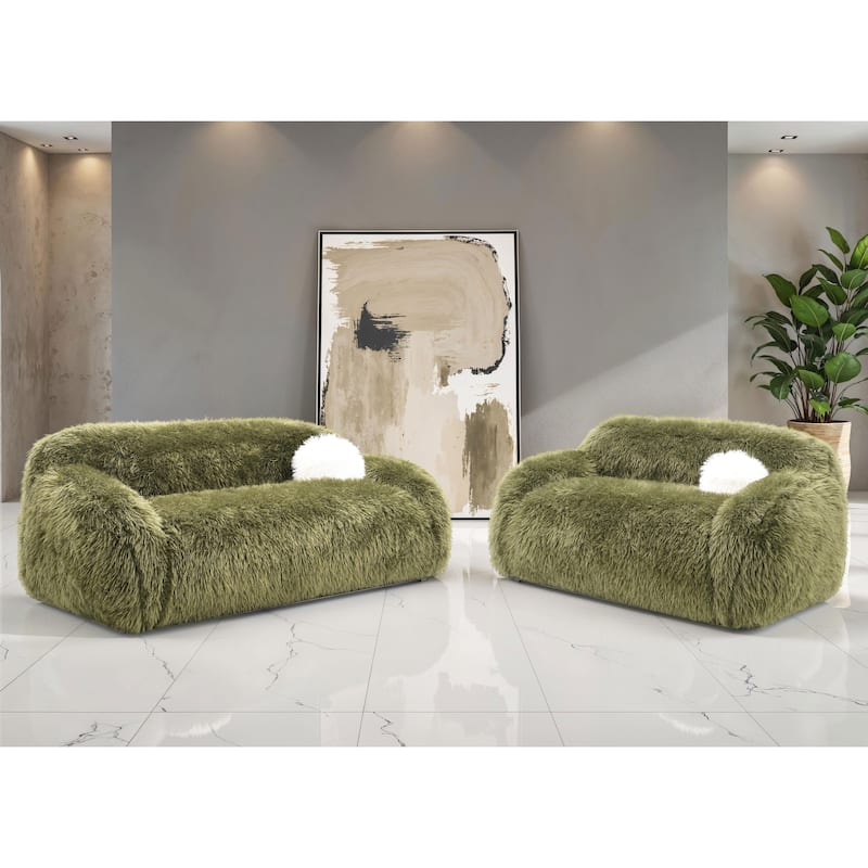 Furniture of America Cynra Modern 2-Piece Faux Fur Sofa Set with Ball Pillows - Green Long-Haired
