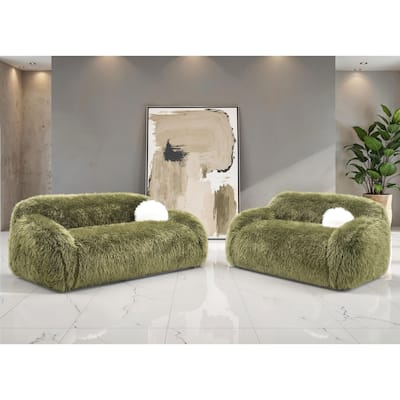 Furniture of America Cynra Modern 2-Piece Faux Fur Sofa Set with Ball Pillows