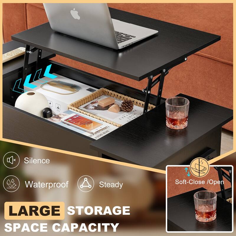 VECELO Modern Lift Top Coffee Table with Hidden Storage 2 Side Shelves Space-Saving Design for Living Room