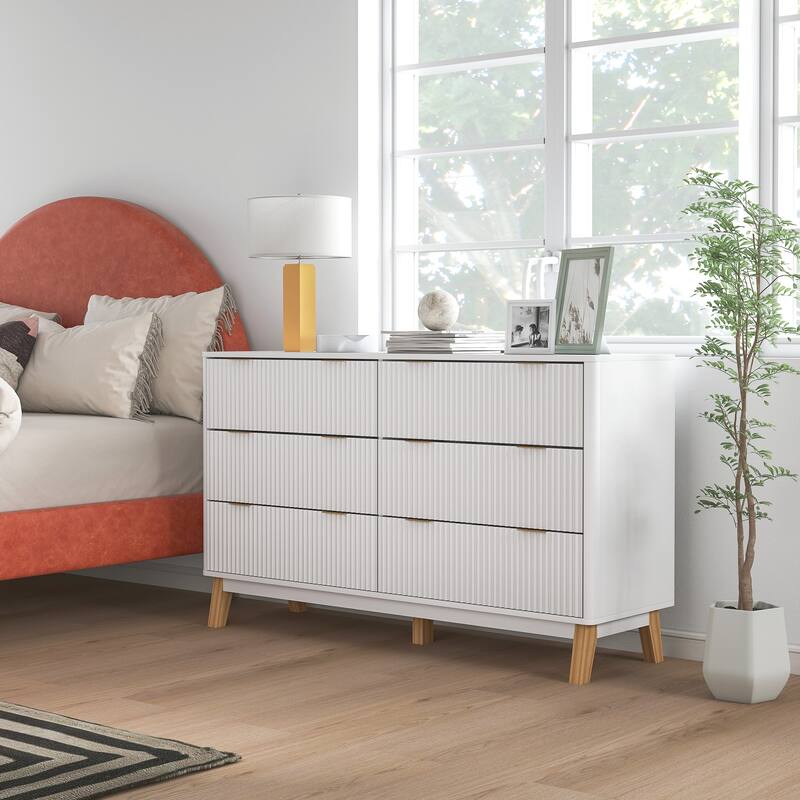 HOMCOM Fluted Dresser for Bedroom with 6 Drawers, 54" Wide Chest of Drawers with Gold Finger Pulls and 5 Wood Legs