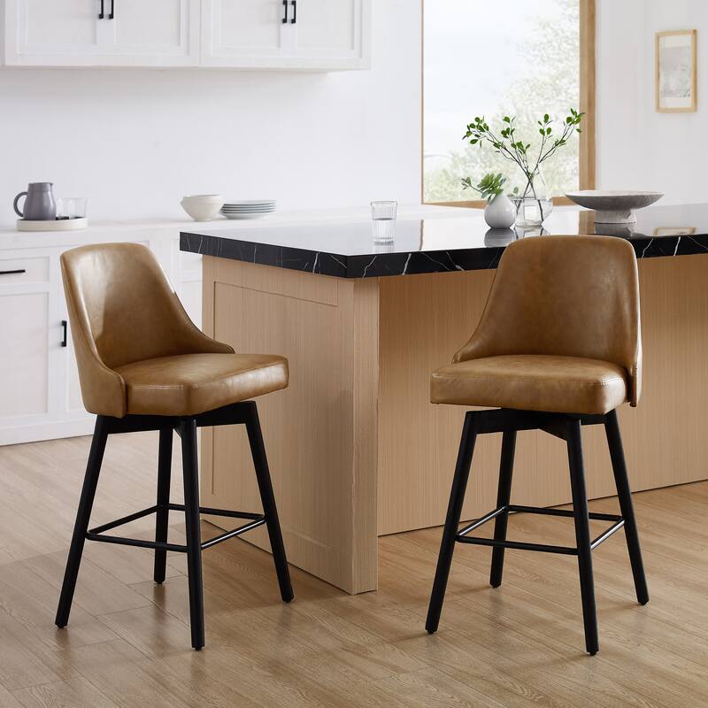 Art Leon Set of 2 Upholstered Counter Height Swivel Barstool - Brown Faux Leather