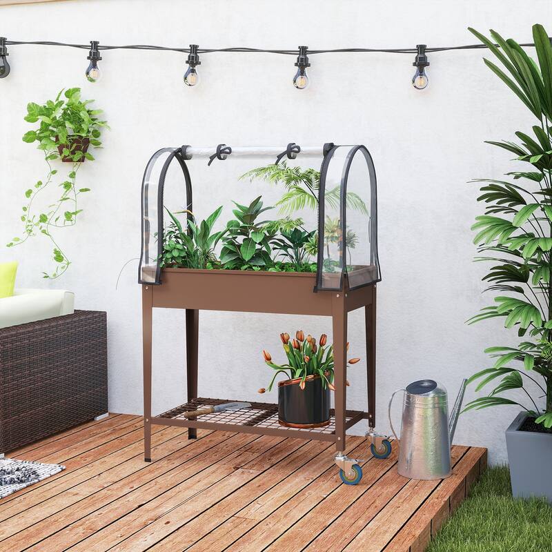 Outsunny Raised Garden Bed with Greenhouse Cover, Large Metal Outdoor Elevated Planter Box with Lockable Wheels