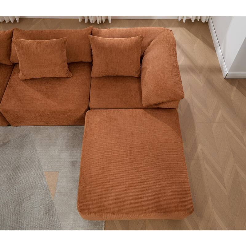 142" L-Shaped Modular Sectional Sofa, Floor Chenille Upholstered Couch with Ottoman, Convertible Sleeper Couch for Living Room
