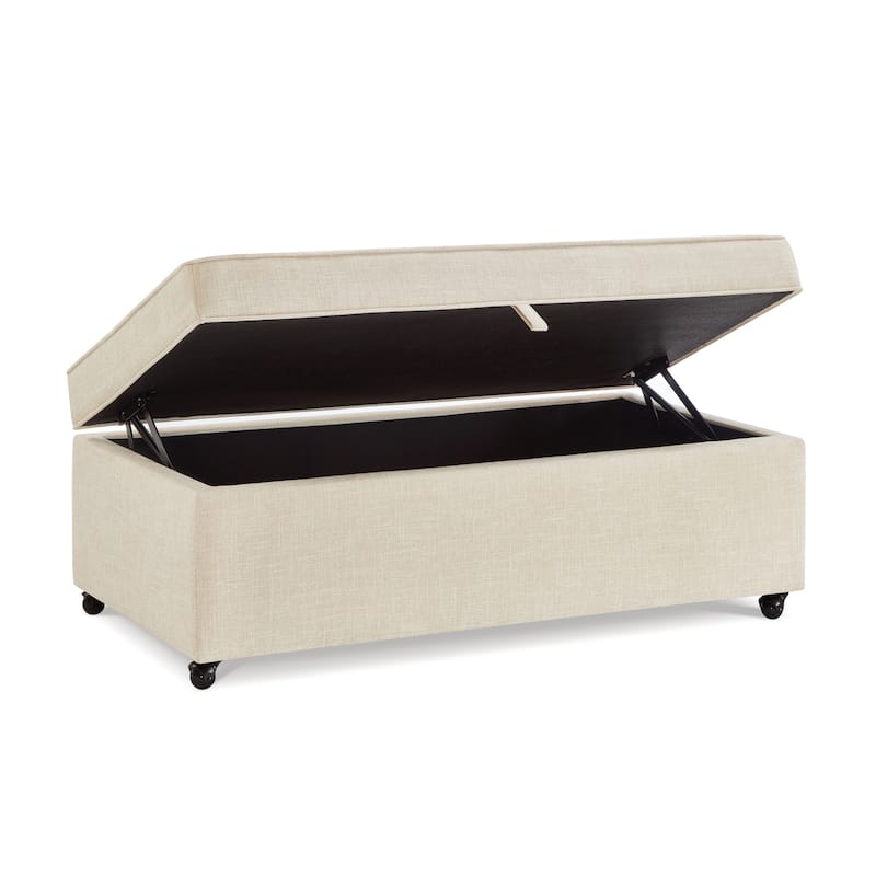 45" Sofa Ottoman with Storage, Linen Upholstered Bench with Rotation Casters and Safety Hinge for Living Room