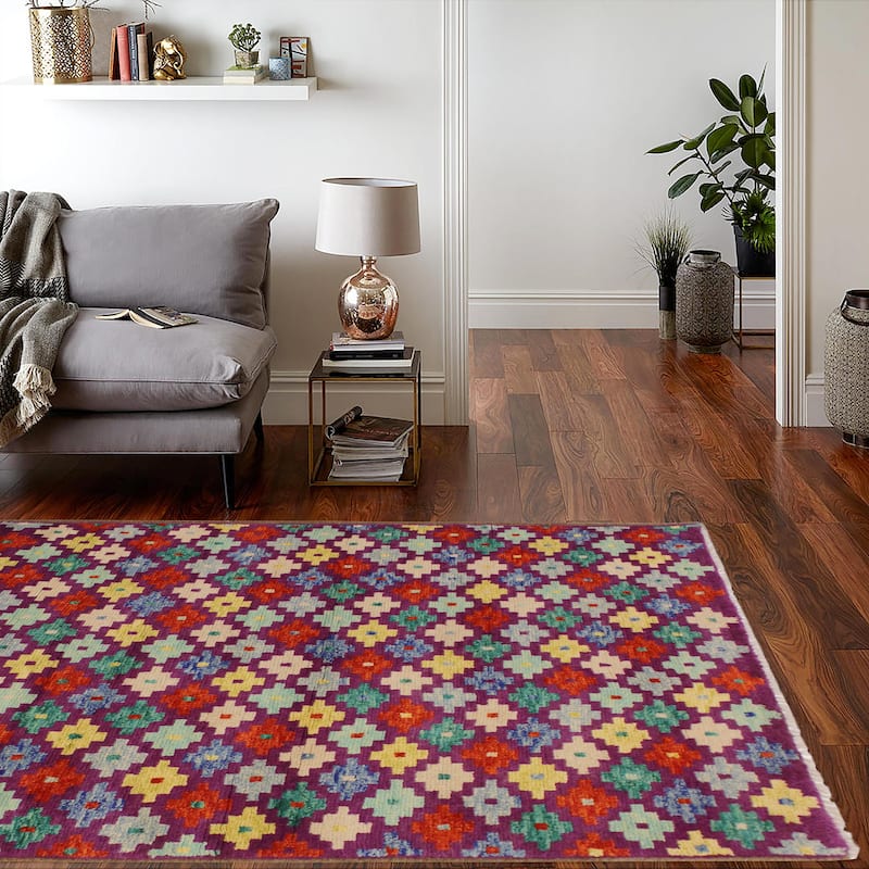 Shabby Chic Balochi Dickson Purple/Beige Hand Knotted Wool Rug - 3'6'' x 4'10''
