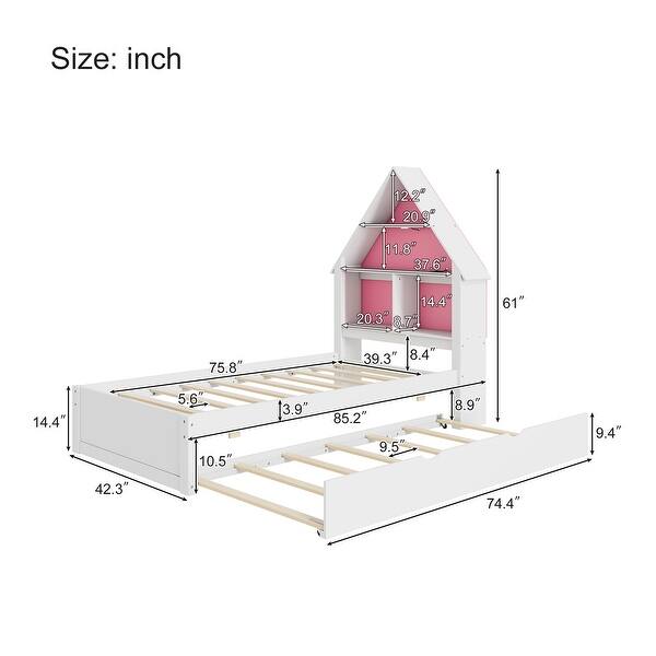 dimension image slide 0 of 2, Twin Size Platform Bed with Bookcase Headboard,LED and Twin Trundle
