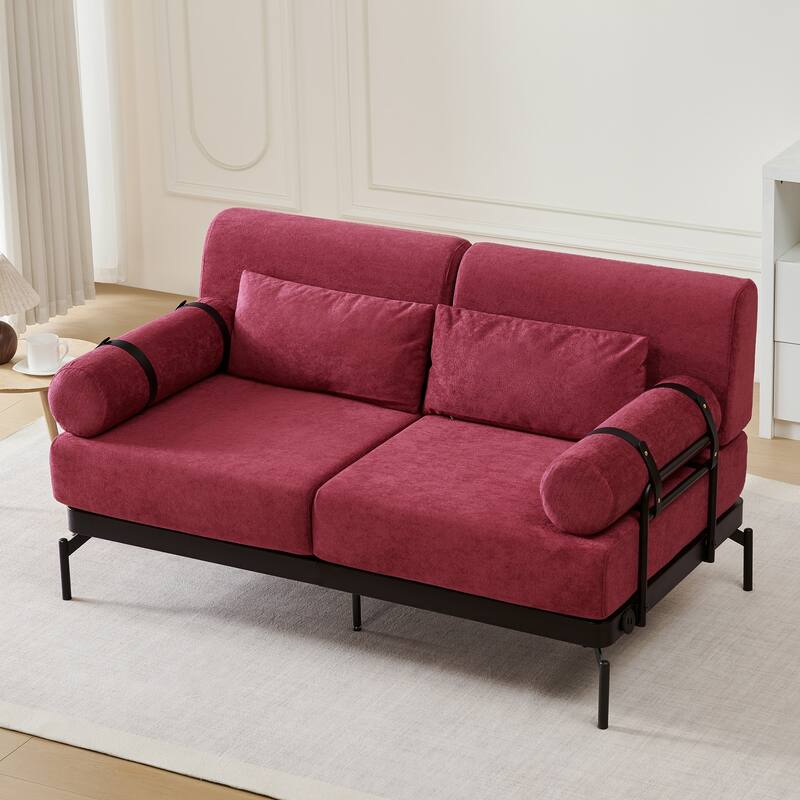 Chenille Loveseat Sofa, 59" 2 Seater Sofa with USB Ports, Round Arms, Adjustable Faux Leather Straps for Living Room - Red