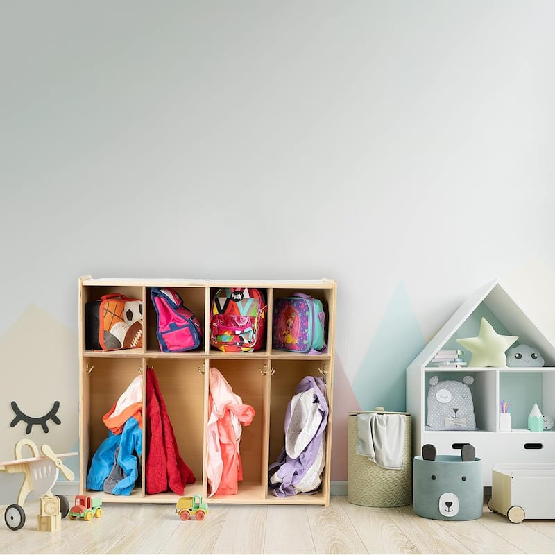 RRI Goods 4 Section Montessori Cubby Toddler Coat Rack, Solid Wood Backpack Hanger, School Locker Organizer