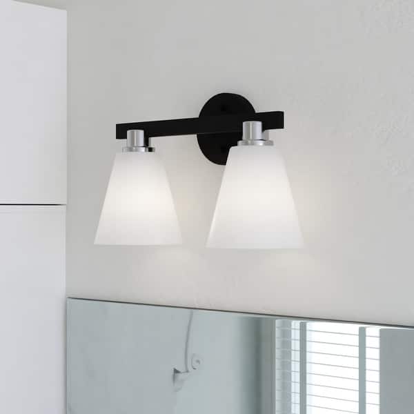 slide 2 of 15, Vermont Matte Black and Satin Nickel Bathroom Vanity Lighting Fixture, Etched White Glass Shade, Dimmable, LED Compatible Wall 16-in W x 10-in H x 7-in D - Matte Black and Satin Nickel