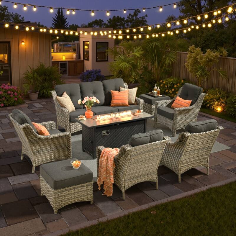 XIZZI 8-piece Outdoor Patio Furniture Set with 54" Fire Table - Black