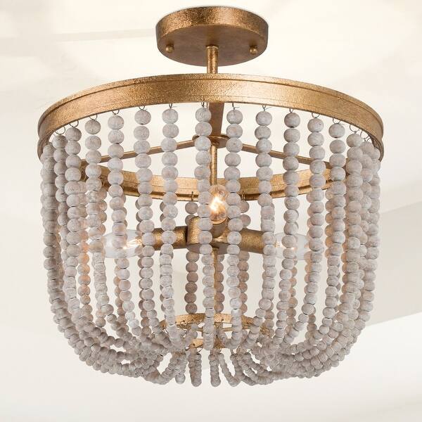 slide 2 of 12, Cotia Boho Glam 3-light Wood Beads Semi-flush Mount Ceiling Lights Gold Chandelier - D14"*H15.5"
