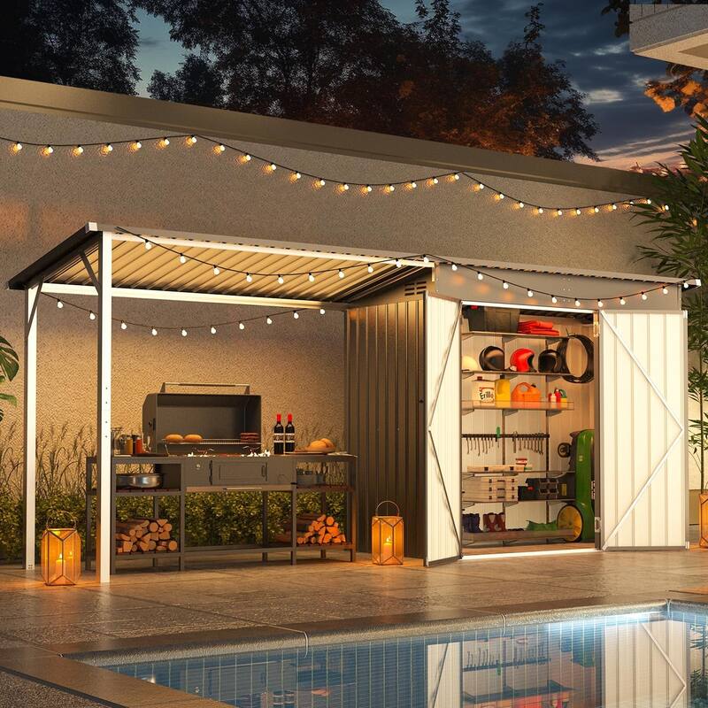 AECOJOY Outdoor Open-Sided Storage Shed Tool Shed Attached Hardtop Metal Pergola Gazebo