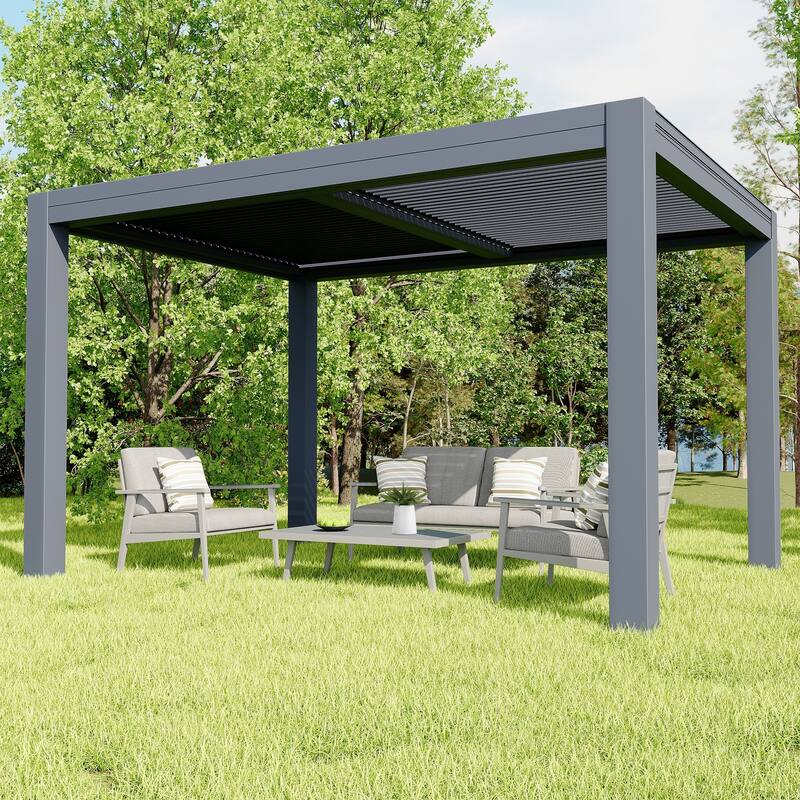 EROMMY Louvered Pergola 10x13, Aluminum Motorized Pergola with Adjustable Roof, 4 Patio Screens, Outdoor Shade and Rain Cover