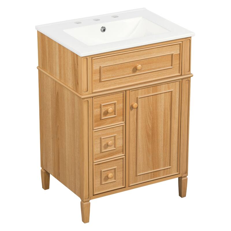 Roomfitters 24" Bathroom Vanity with Sink, Solid Wood Frame, Flip-Out Drawer, 2 Soft-Close Drawers & Door, Wood