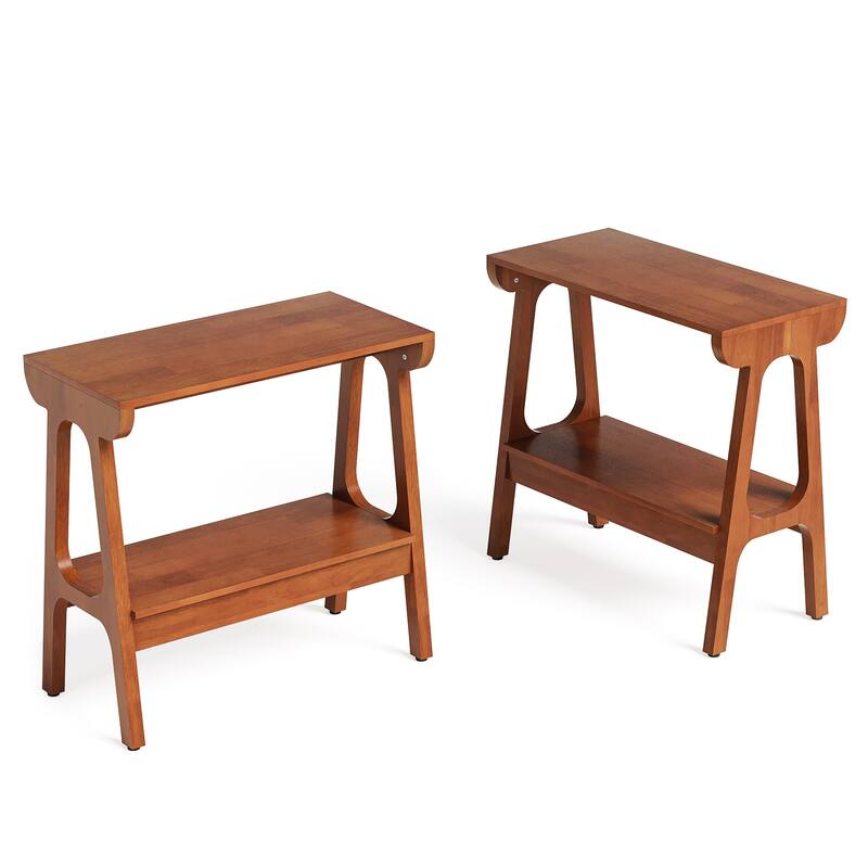 Solid Wood Narrow End Table with Storage Shelf, Sofa Couch Side Table Tall Nightstand, Living Room Bedroom Accent Snack Table