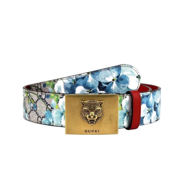 målbar Fisker Etablere Gucci Unisex Blue Bloom Print Belt with Gold Tiger Buckle 8492 - Overstock  - 29526517