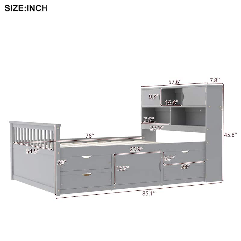 Captain Platform Bed Frame with Built-In Storage Bookcase, Shelves & Drawers