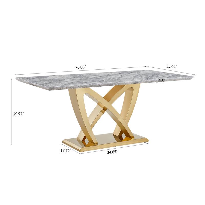 70'' Rectangle Faux Marble Dining Table with Mirrored Finish Stainless Steel Base - Grey+Gold