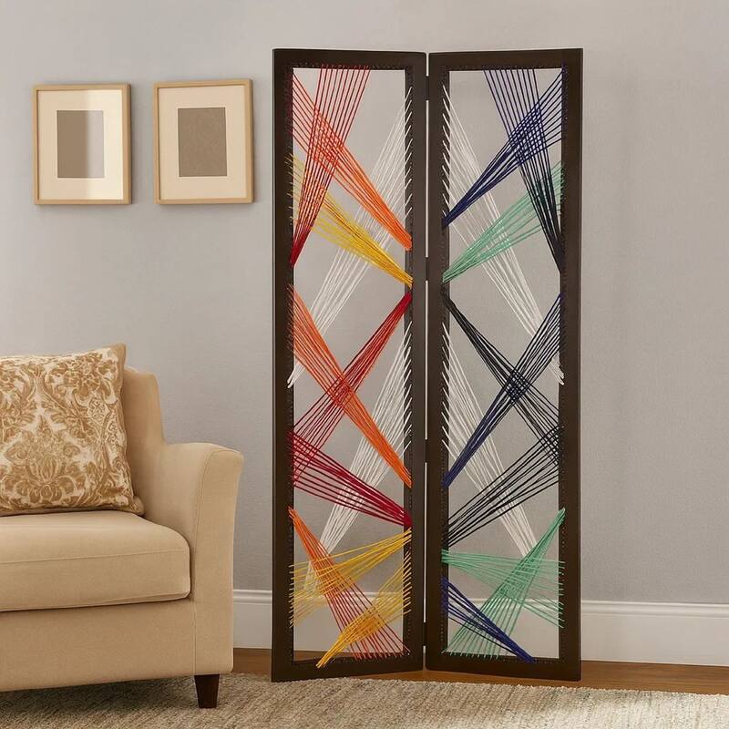 Contemporary 3 Panel Wooden Screen with Woven String Design, Multicolor