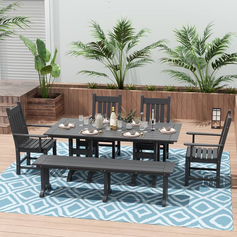 Laguna Hdpe All Weather Outdoor Patio Dining Set with Rectangle Table, Arm Chairs and Bench (6-Piece Set) - Gray