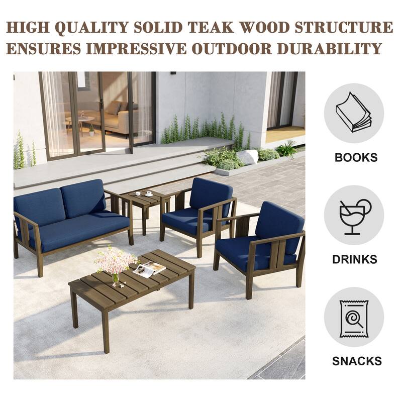 5-Piece Patio Furniture Solid Teak Outdoor Conversation Set