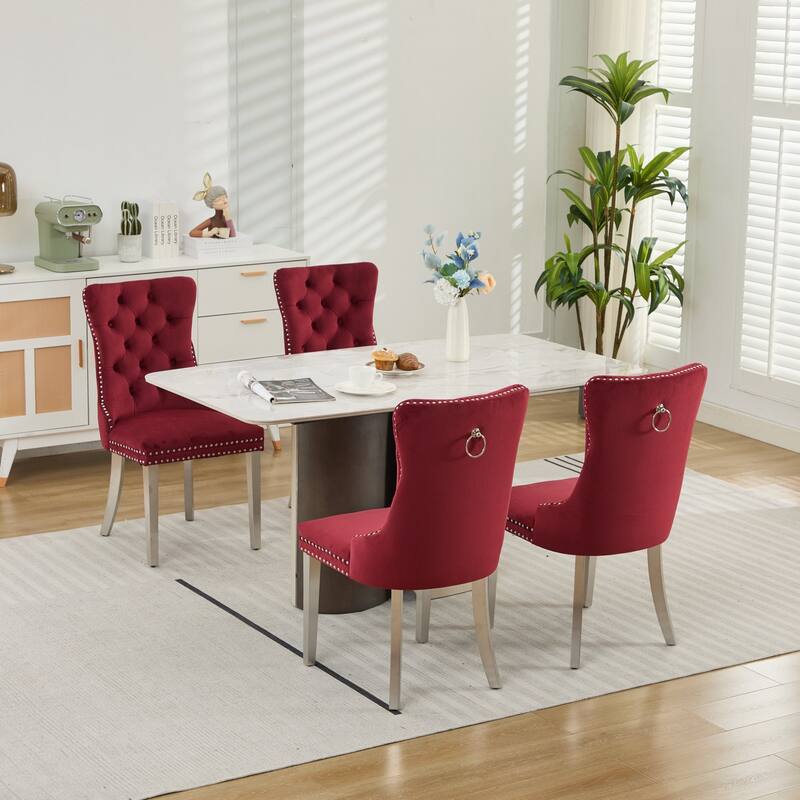 Velvet Dining Chairs Set of 2, Button Tufted Upholstered Dining Chair, Kitchen Chairs with Nailhead Trim & Stainless Steel Legs