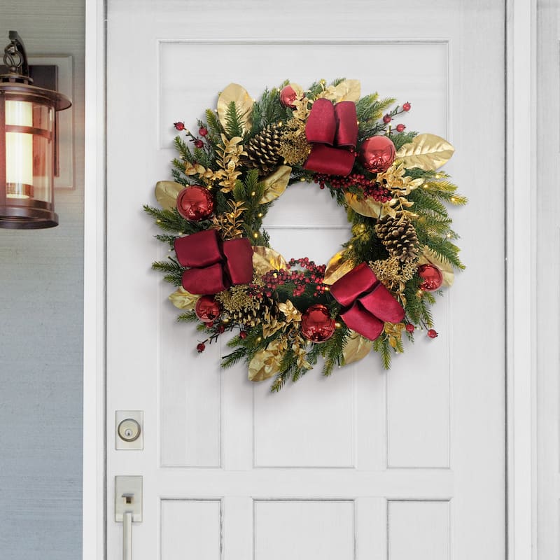 Puleo Internatioanl 26" Pre-Lit Artificial Adorned Christmas Wreath - Red