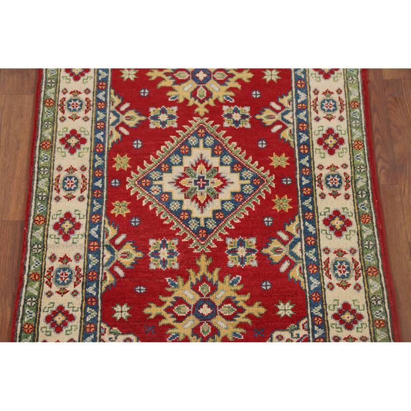Red Geometric Kazak Foyer Rug Handmade Traditional Wool Carpet - 2'10" x 4'1"